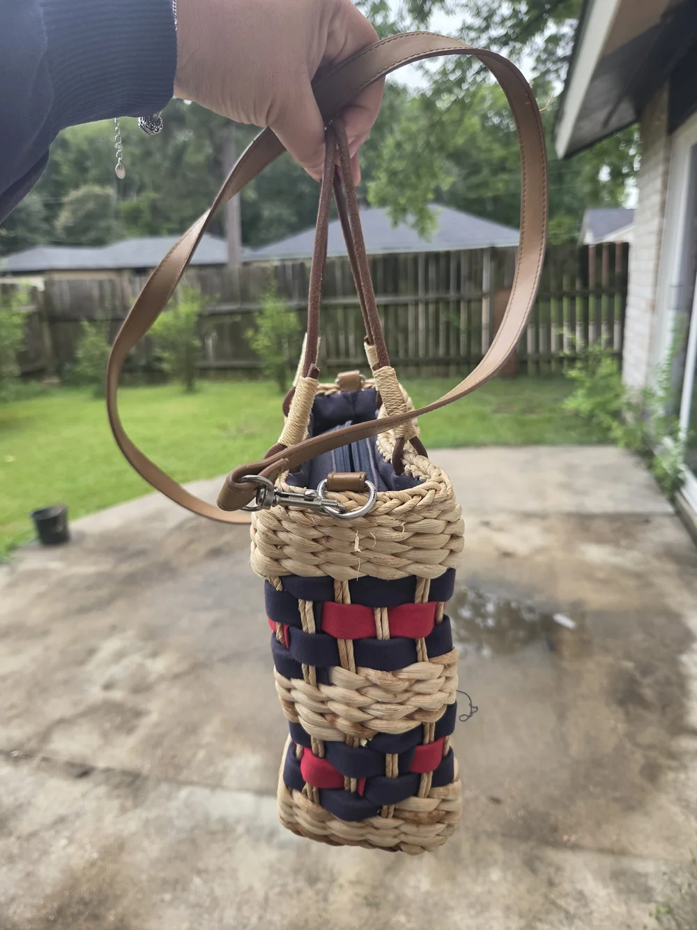 Woven Straw Crossbody Bag with Navy & Red Accents